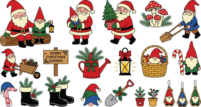 Christmas garden gnome set with santa claus and winter holiday gardening elements christmas tree watering can holiday decor cute gnome christmas gifts garden shovel potted plants christmas bas