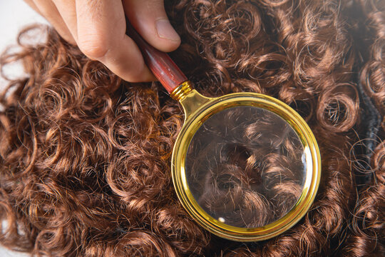 Male hand magnifying beautiful wig.
