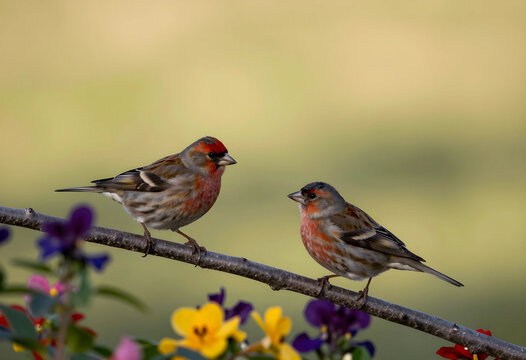 Wildlife conservation and nature connection, two common linnets perched on a branch with colorful garden flowers in a peaceful spring environment