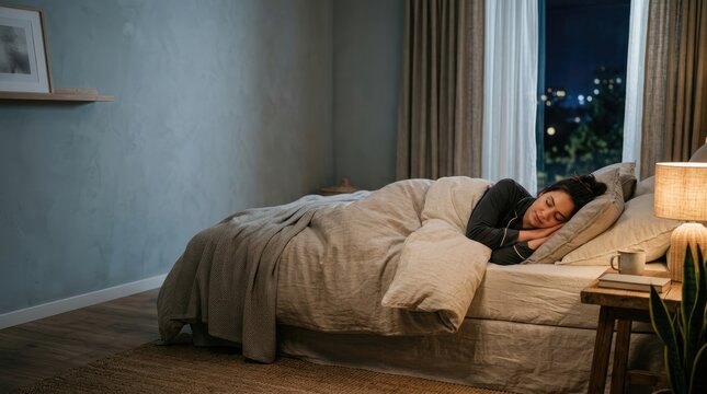 A woman sleeps peacefully in a bed in a softly lit bedroom. She is lying on her side with her eyes closed and a relaxed expression.