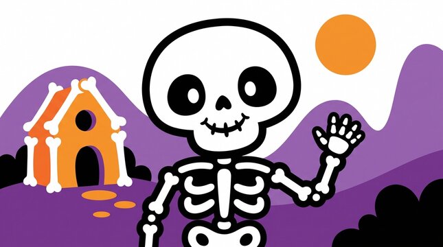 Cute cartoon skeleton waving in a spooky purple landscape with a bone house and orange sun