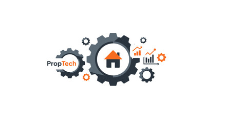 Fototapeta premium PropTech Concept Illustration with Gears, House Icon, and Data Analytics for Real Estate Technology