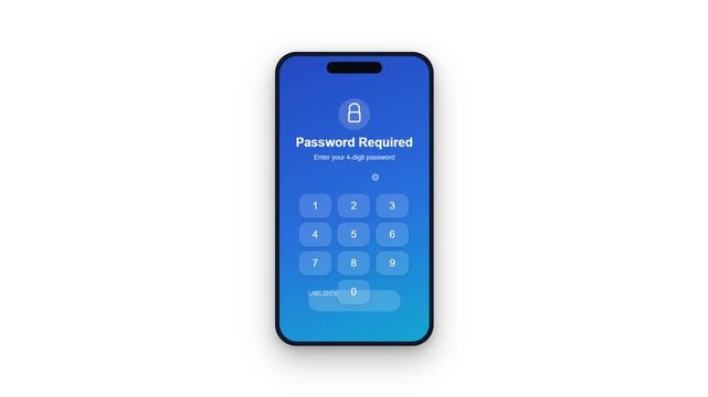 Mobile Phone Password Animation with Four Digit PIN Entered and Unlocked Message, Smartphone Security and Authentication Concept
