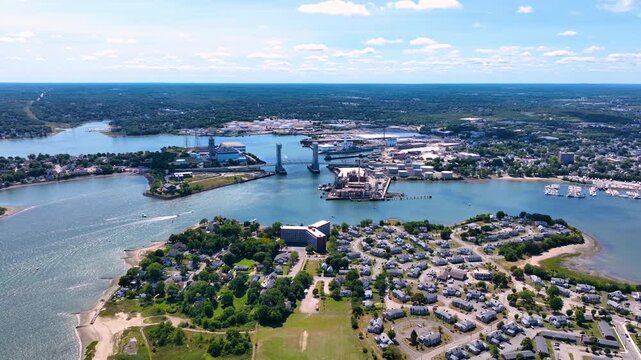 Town River mouth to Fore River aerial view including Fore River Bridge and Germantown in Quincy, Massachusetts MA, USA.