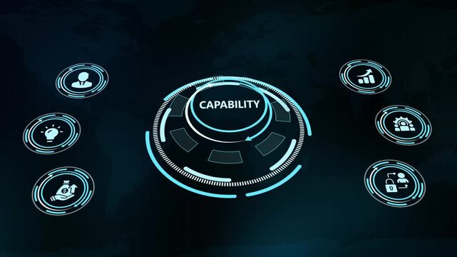 Futuristic digital control dial featuring capability text with corporate technology icons