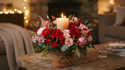 Obraz premium Scarlet and pink floral centerpiece with a lit candle on transparent