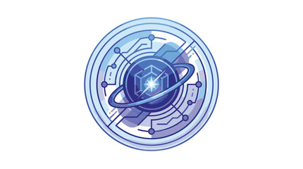 Futuristic blue circular blockchain icon featuring a central hexagonal cube with light flare, circuit board paths, and planetary ring elements on a white background for tech concepts. © afif