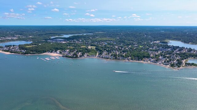 Town River mouth to Fore River aerial view including Fore River Bridge and Germantown in Quincy, Massachusetts MA, USA.