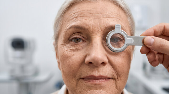 Ophthalmology: Elderly Woman Testing Vision in Clinic