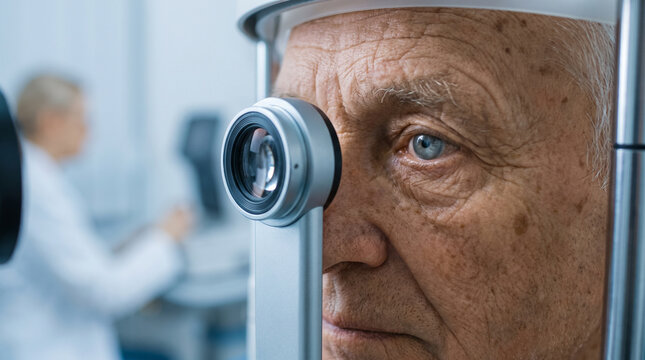 Ophthalmology: Elderly Man Checking Vision at Eye Clinic