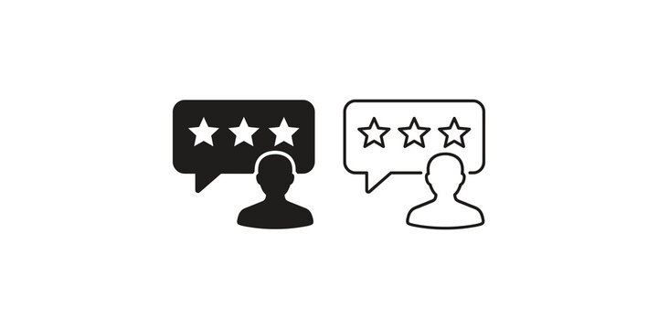 User review icons with star rating and speech bubbles for customer feedback and testimonials.