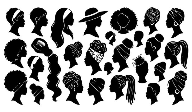 Diverse women portrait profiles with afro natural hair turban headband and ponytail hairstyles vector silhouettes