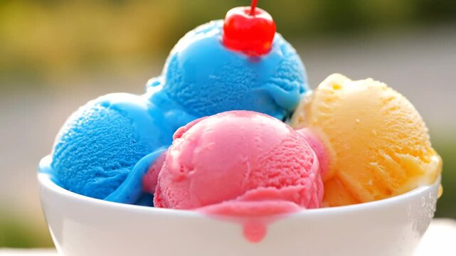 Vibrant scoops of colorful ice cream with a cherry on top