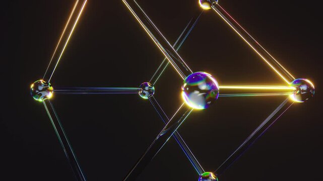 Looping 4K 3D render of a futuristic geometric cube structure with glowing golden lines and iridescent glass nodes. Abstract neon visual with rainbow refraction for tech and digital projects.Looping 4