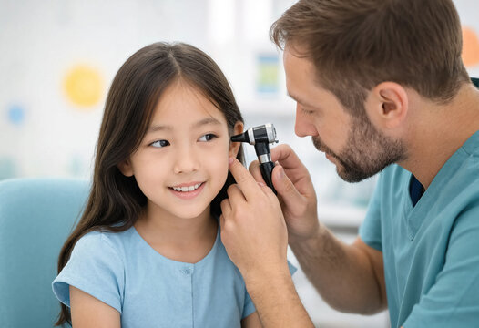 A male doctor examines a young girl's ear with an otoscope in a bright pediatric clinic. The healthcare visit shows routine ear care and medical examination.