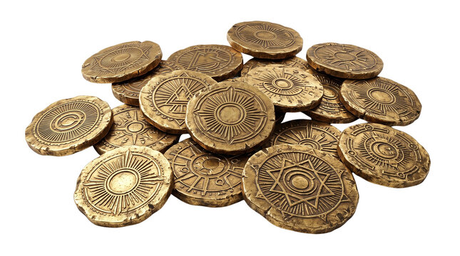 Ancient Bronze Coins Pile with Engraved Symbols, Vintage Metal Pirate Doubloons Treasure, Antique Game Currency Prop isolated PNG with Transparent Background