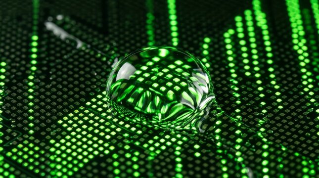 Macro Close-up of a Clear Liquid Drop on an Electronic Circuit Board with Glowing Green Digital Lights, Conceptual Technology Background of Cryptocurrency Mining and Data Processing Cooling