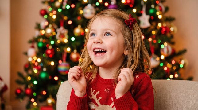 Joyful children celebrate the magic of a festive Christmas party. She claps her hands together in sheer delight and genuine laughter.