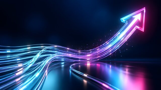 Glowing blue and purple fiber optic data streams curving upward to form a neon arrow symbolizing digital transformation and rapid business growth