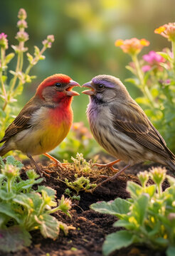 Nature connection and wildlife interaction, two colorful birds chirping together in a spring garden with blooming flowers and soft morning sunlight