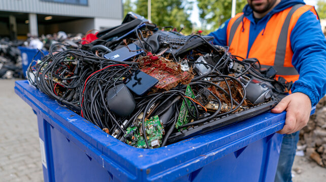 Top-down view of a bright sorting bin filled with discarded consumer electronics, tangled cables, outdated mobile phones, computer mice, keyboards and loose circuit boards, organized recycling facil