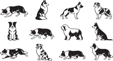 Obraz premium Set of black and white dog silhouettes in poses