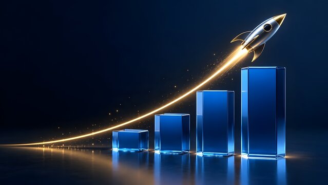 Metallic rocket launching upward over ascending blue glass bar chart columns with glowing golden trail representing startup growth and financial success