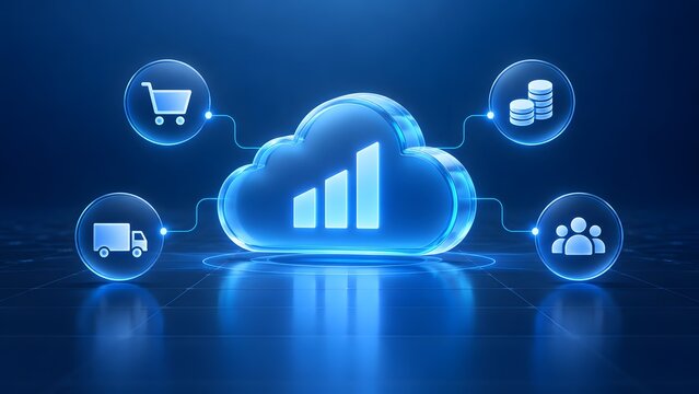 Glowing blue cloud analytics hub connected to shopping cart, delivery truck, finance coins, and customer network icons on a digital grid surface