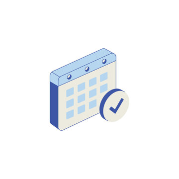 Isometric calendar icon with checkmark for scheduled tasks