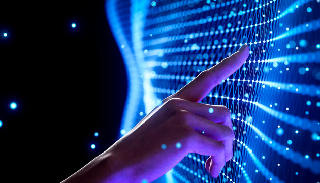 3D hand interacting with blue neural network for AI computing and digital transformation