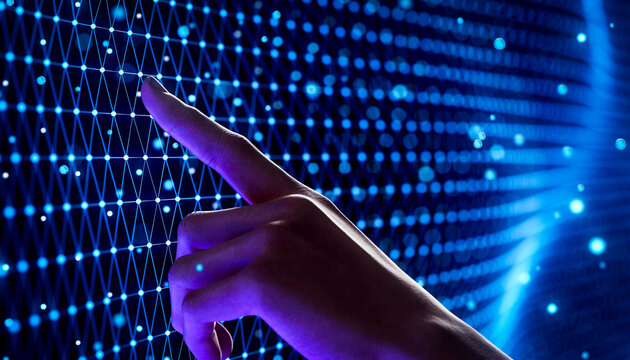 3D hand touching connected data nodes in futuristic artificial intelligence network