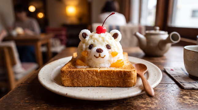 Shirokuma polar bear shaved ice topped on crispy Shokupan toast in a cozy Japanese cafe. 