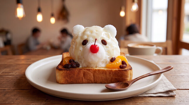 Shirokuma polar bear shaved ice topped on crispy Shokupan toast with a wooden spoon in a cozy Japanese cafe.
