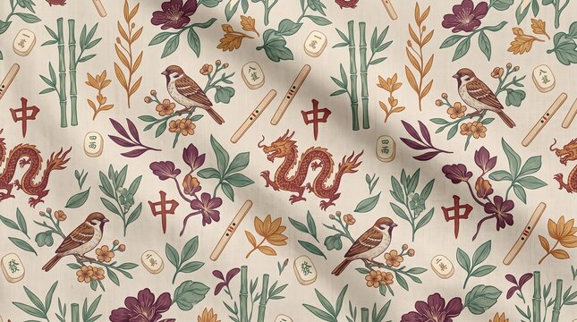 Chinese Traditional Dragon and Bird Fabric Pattern
