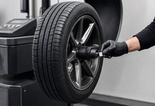 Worker wearing gloves balances a car wheel on professional tire service equipment in an automotive workshop.