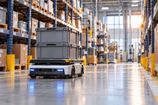 Autonomous mobile robot carrying stacked storage containers through a modern fulfillment warehouse, representing logistics automation, smart warehousing and efficient supply chain technology.