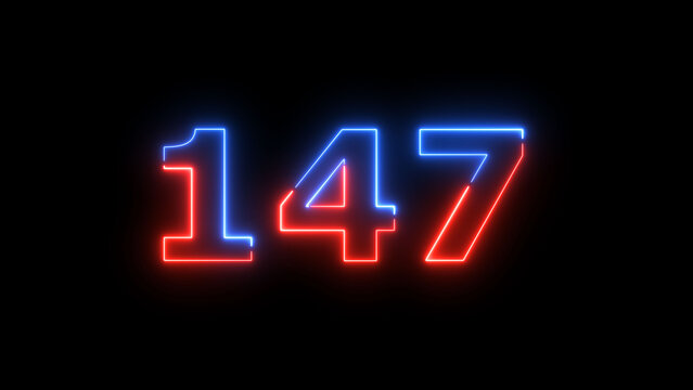 A dynamic glowing neon number 147
 illustration on a black background.