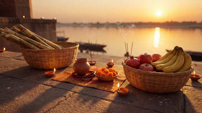 Chhath puja Fruits in soop (Bambbo basket). Happy Chath puja