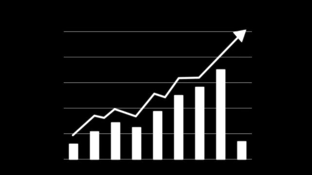 Business growth chart with upward trend arrow and columns showing market data progress on a dark background bar graph display motion graphics video.