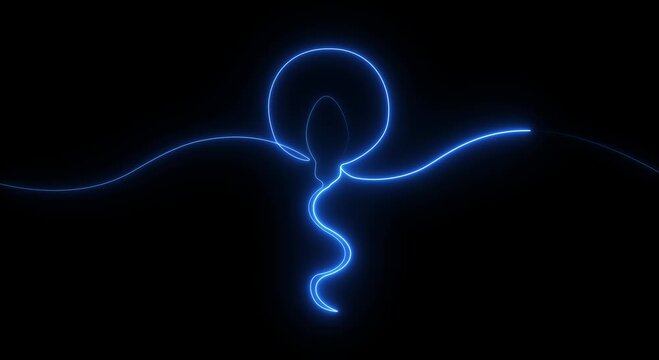 Glowing spermatozoon cell swims toward an ovum, neon blue single line art showing reproduction and sperm fertilization on a dark background.