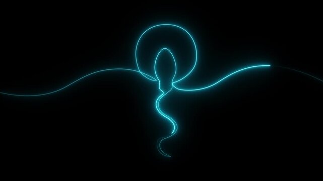 Glowing spermatozoon cell swims toward an ovum, neon cyan single line art showing reproduction and sperm fertilization on a dark background.
