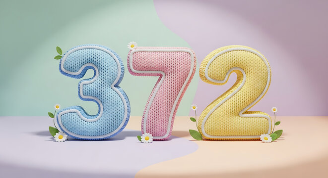 Knitted numbers 372 in pastel blue, pink, and yellow with delicate flowers and leaves, adorable 3D illustration
