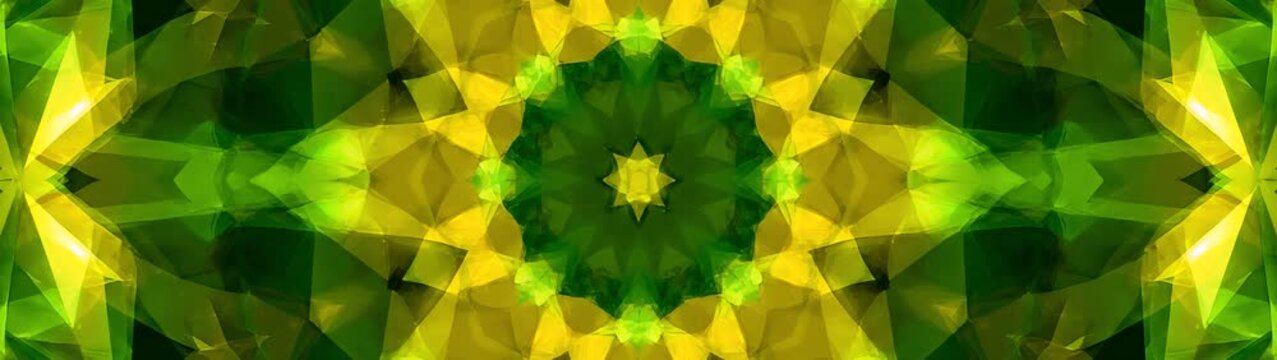 Kaleidoscopic pattern creating repeating star like shapes in green and yellow hues Symmetrical geometric design for various uses.