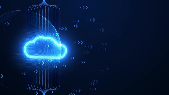 Cloud computing data storage concept, glowing digital cloud icon, global network connection, fast speed information transfer, big data server.