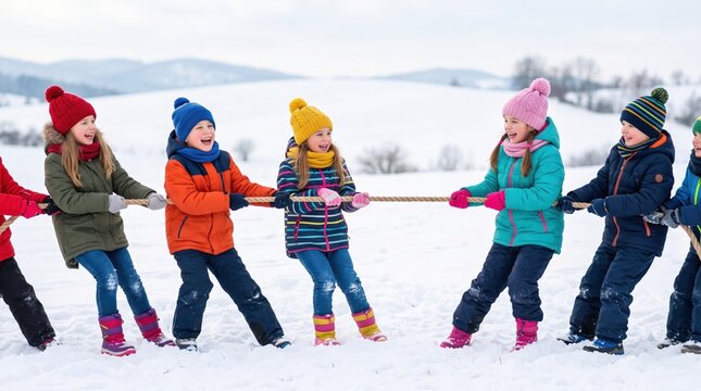 Joyful children actively participate in fun outdoor winter games. Two opposing teams of cheerful kids pull a heavy rope in a snowy competition.