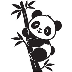 Abstract panda silhouette illustration climbing bamboo stalk leaves rounded face iconic wildlife nature black white vector design © asghar