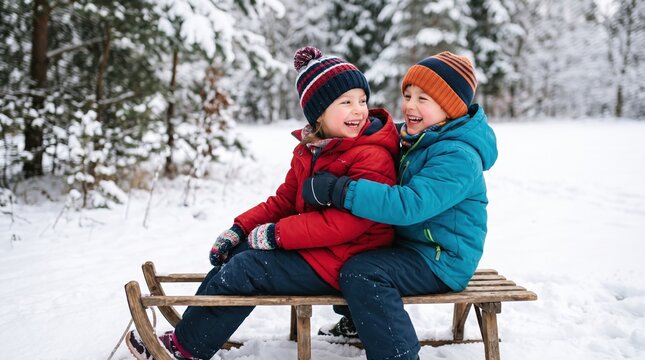 Joyful children actively participate in fun outdoor winter games. Two siblings rest happily on a classic wooden sled in a beautiful snowy forest.