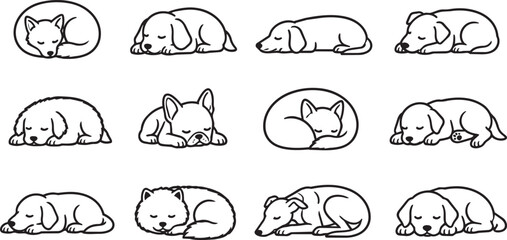 Fototapeta premium Set of cute sleeping dog icons in line art style
