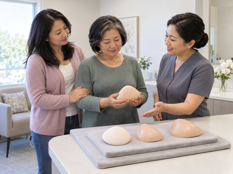 Older Asian woman comparing external breast prosthesis options with a specialist fitter and adult daughter