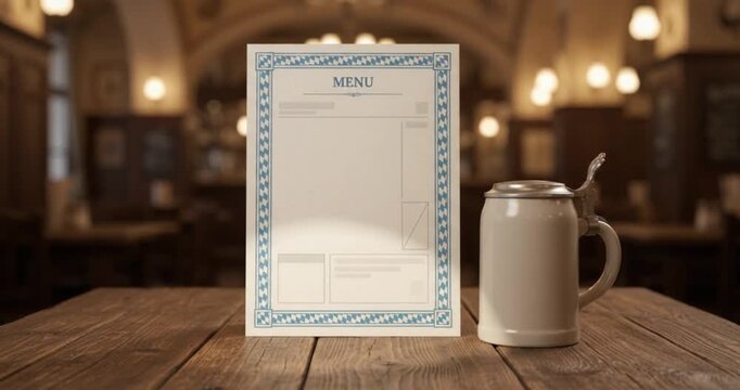 Horizontal Oktoberfest menu template on a wooden table with a traditional beer mug inside an illuminated pub or beer hall